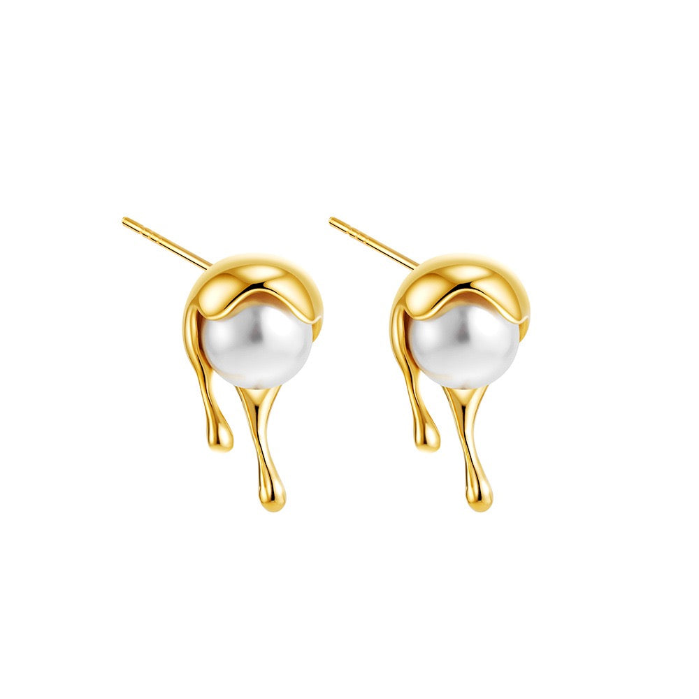 Gold Drip Pearl Stud Earrings – Modern Sculptural Drops