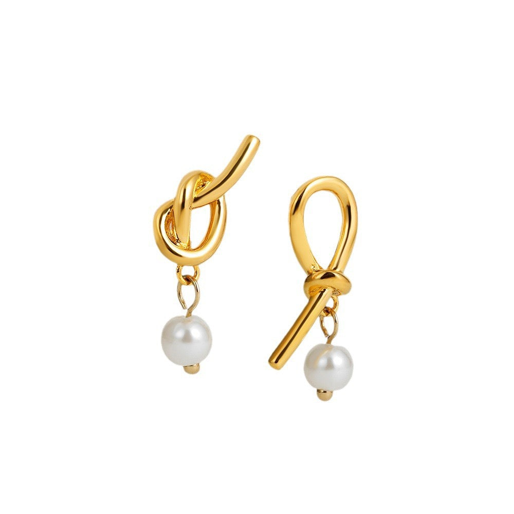 Asymmetrical Knot Pearl Earrings – Gold Minimal Drop Earrings