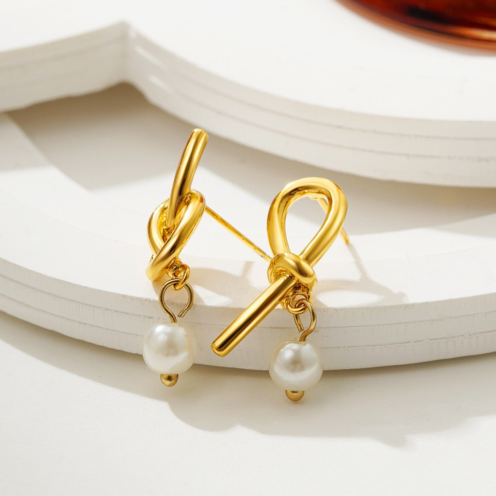 Asymmetrical Knot Pearl Earrings – Gold Minimal Drop Earrings