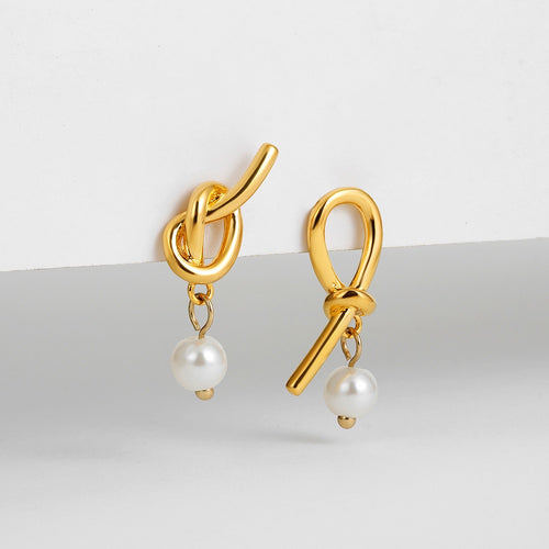 Asymmetrical Knot Pearl Earrings – Gold Minimal Drop Earrings