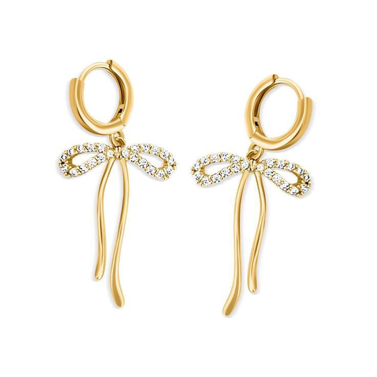 Gold Bow Drop Earrings – Dainty CZ Ribbon Huggie Hoops