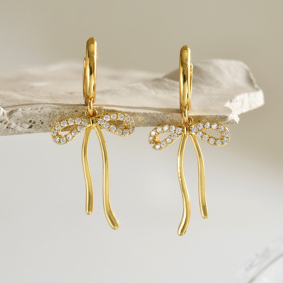 Gold Bow Drop Earrings – Dainty CZ Ribbon Huggie Hoops