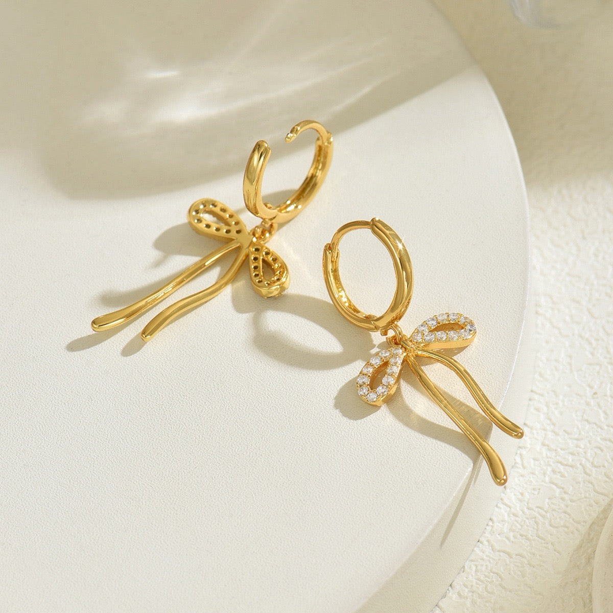 Gold Bow Drop Earrings – Dainty CZ Ribbon Huggie Hoops