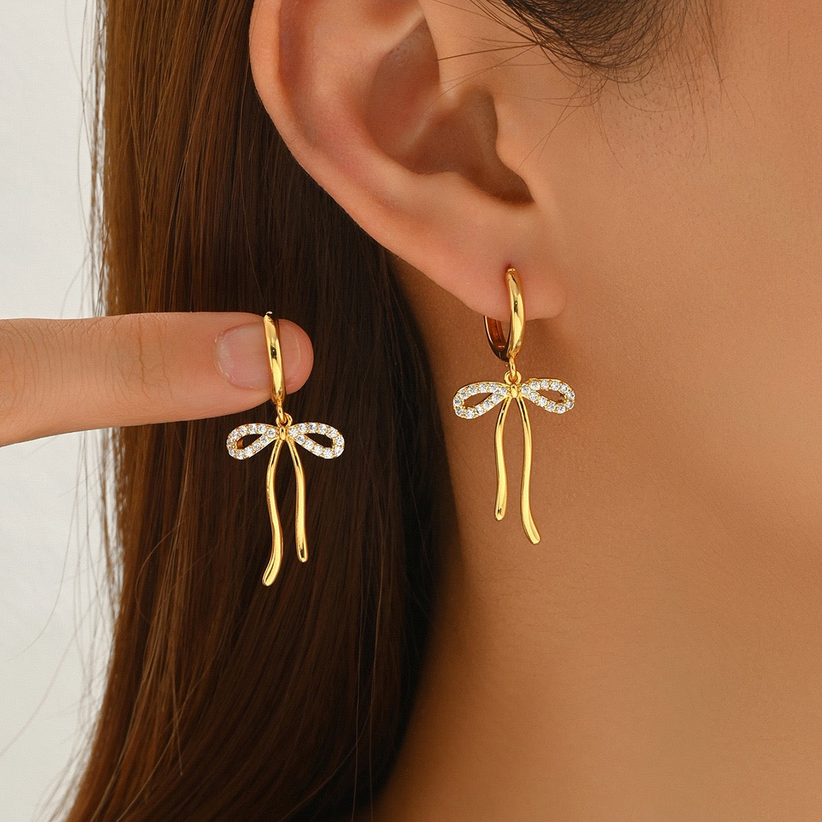 Gold Bow Drop Earrings – Dainty CZ Ribbon Huggie Hoops