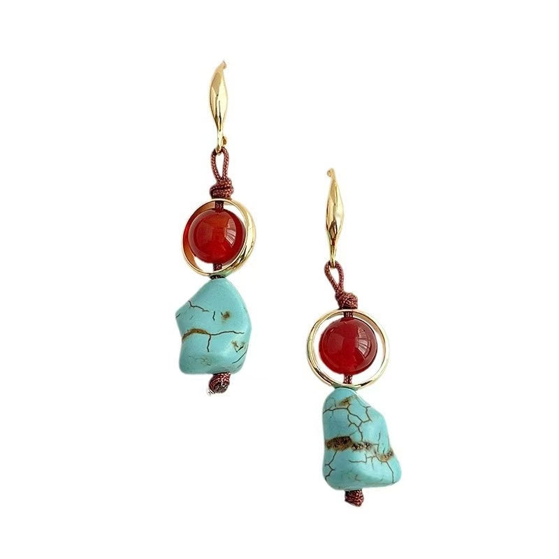 Turquoise & Red Gemstone Drop Earrings