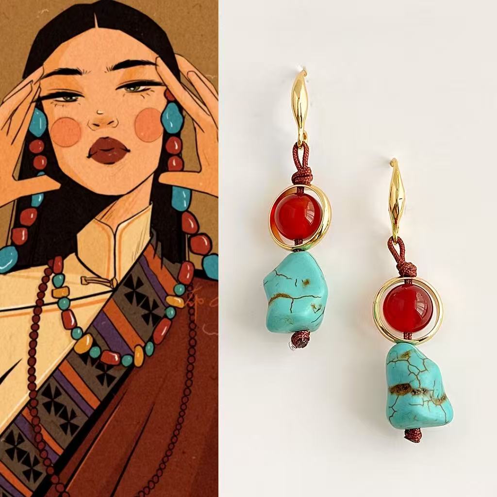 Turquoise & Red Gemstone Drop Earrings
