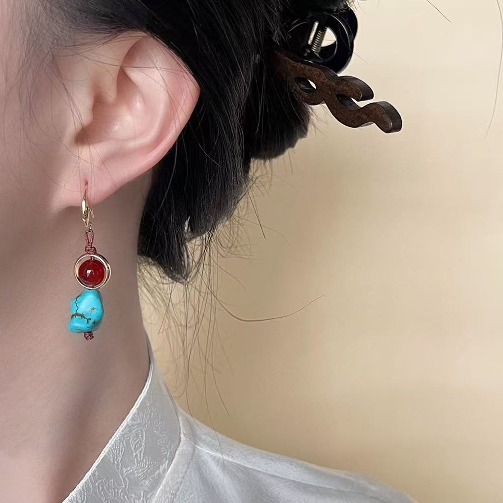Turquoise & Red Gemstone Drop Earrings