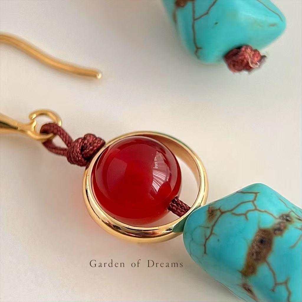 Turquoise & Red Gemstone Drop Earrings