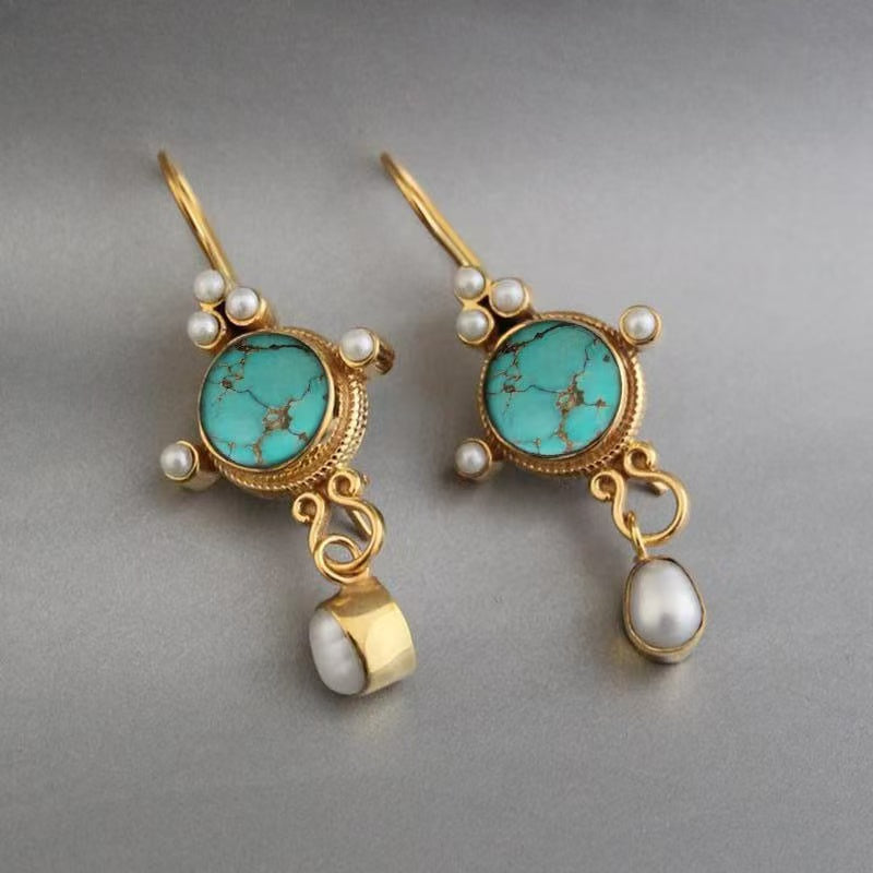 Vintage turquoise and pearl drop earrings